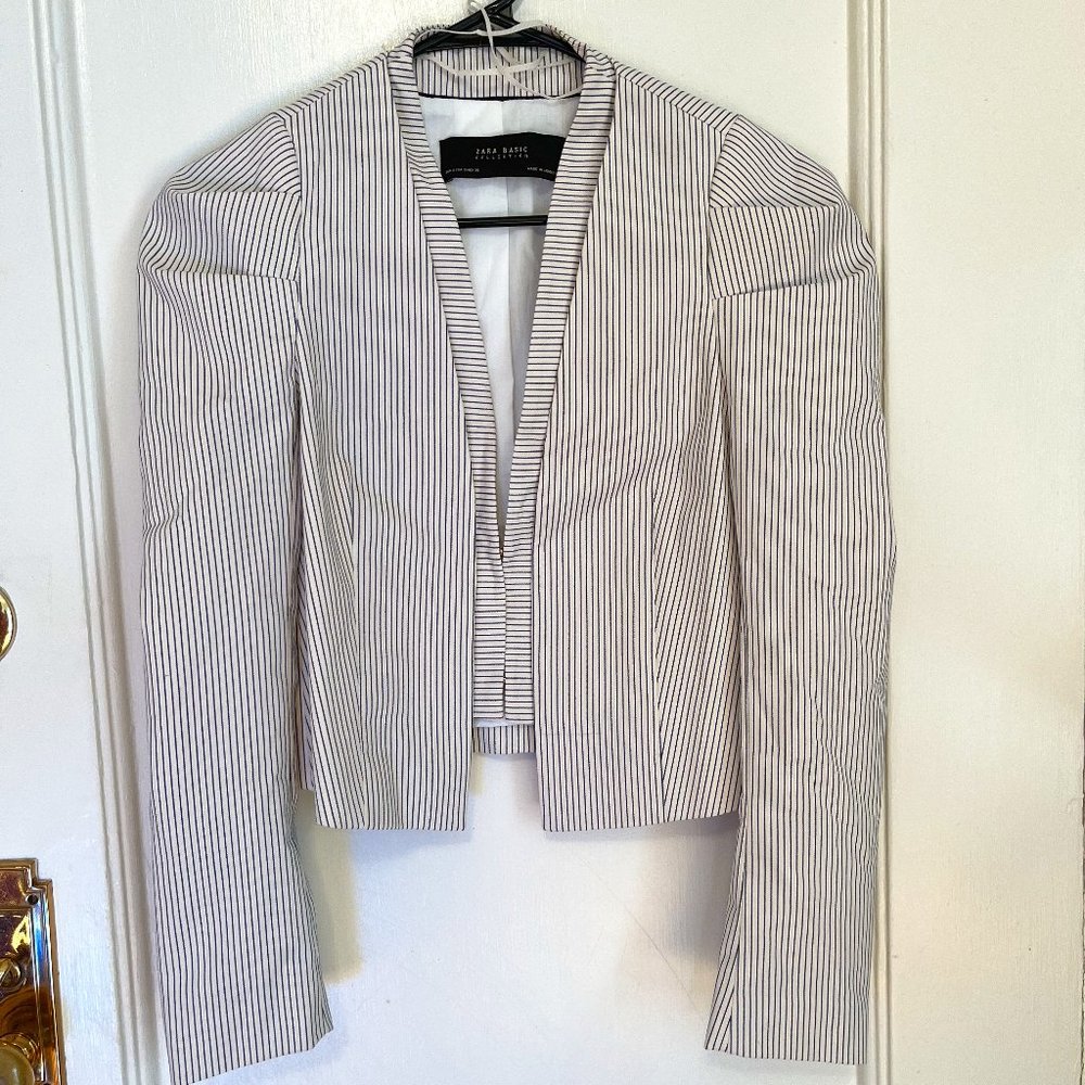 Zara Puff Sleeve Crop Pinstripe Blazer S